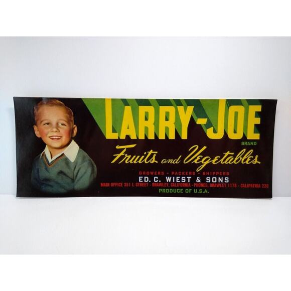 Larry Joe Fruit Crate Label Young Smiling Boy Original Vintage 1950's Vegetables - Picture 1 of 5
